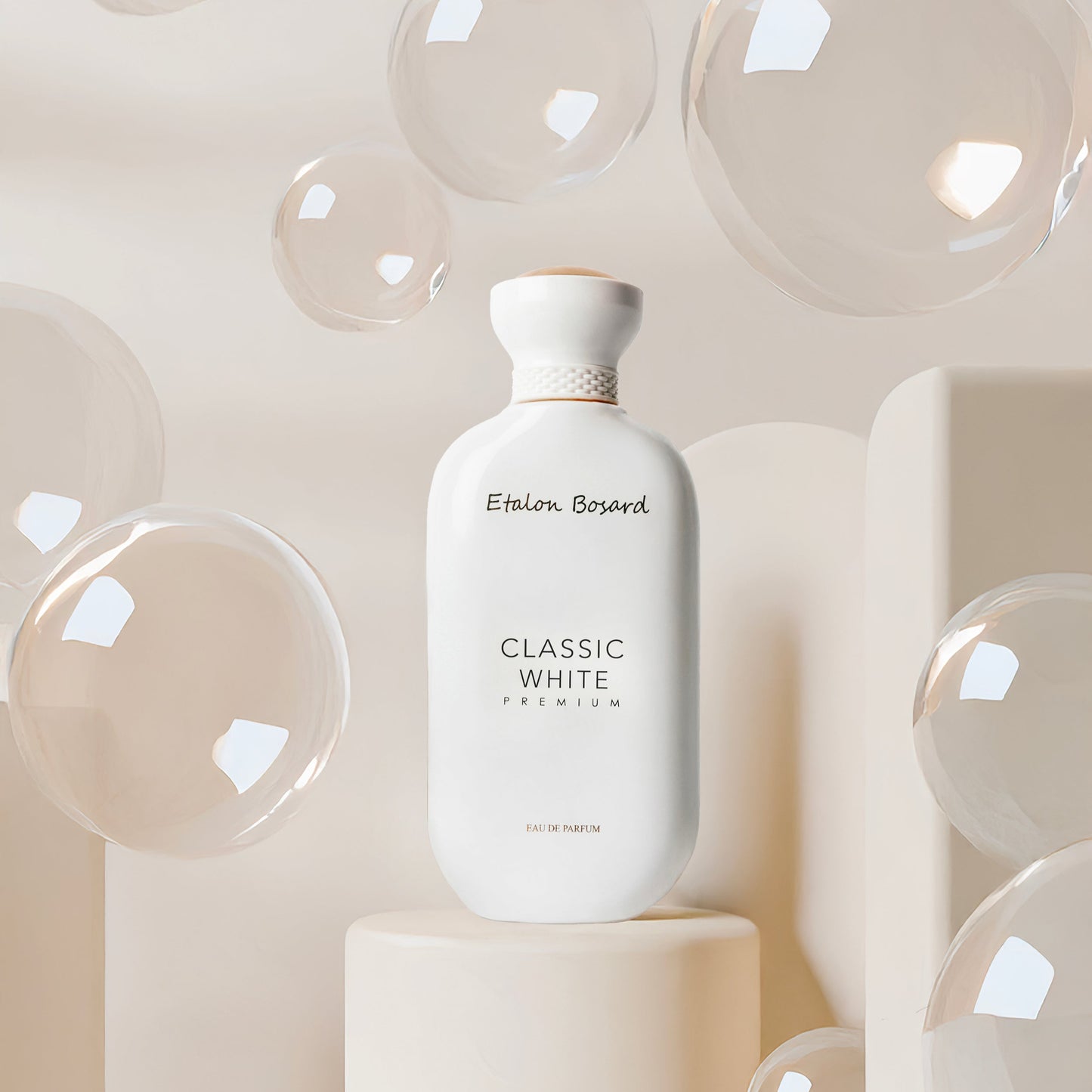 "CLASSIC WHITE PREMIUM perfume bottle – luxurious women’s fragrance with bergamot, rose, musk, and caramel notes by Armondae"