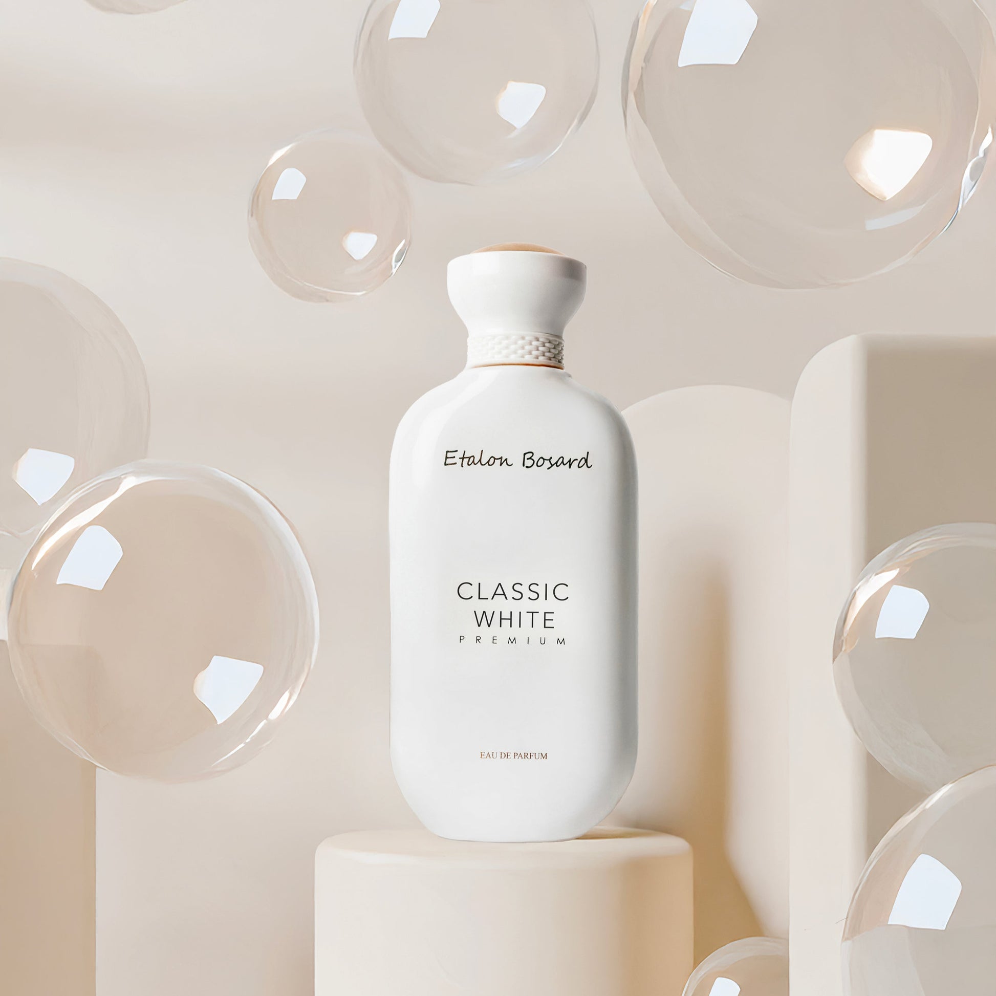 "CLASSIC WHITE PREMIUM perfume bottle – luxurious women’s fragrance with bergamot, rose, musk, and caramel notes by Armondae"