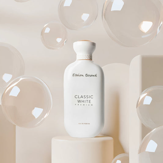 "CLASSIC WHITE PREMIUM perfume bottle – luxurious women’s fragrance with bergamot, rose, musk, and caramel notes by Armondae"